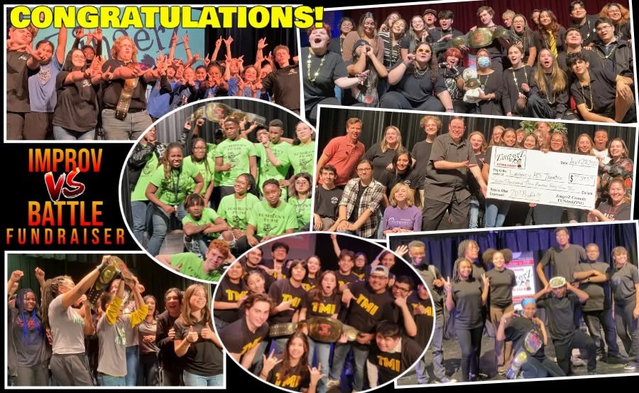 Congratulations collage of school theatre students celebrating Improv VS Battle fundraisers with championship belts and a big check