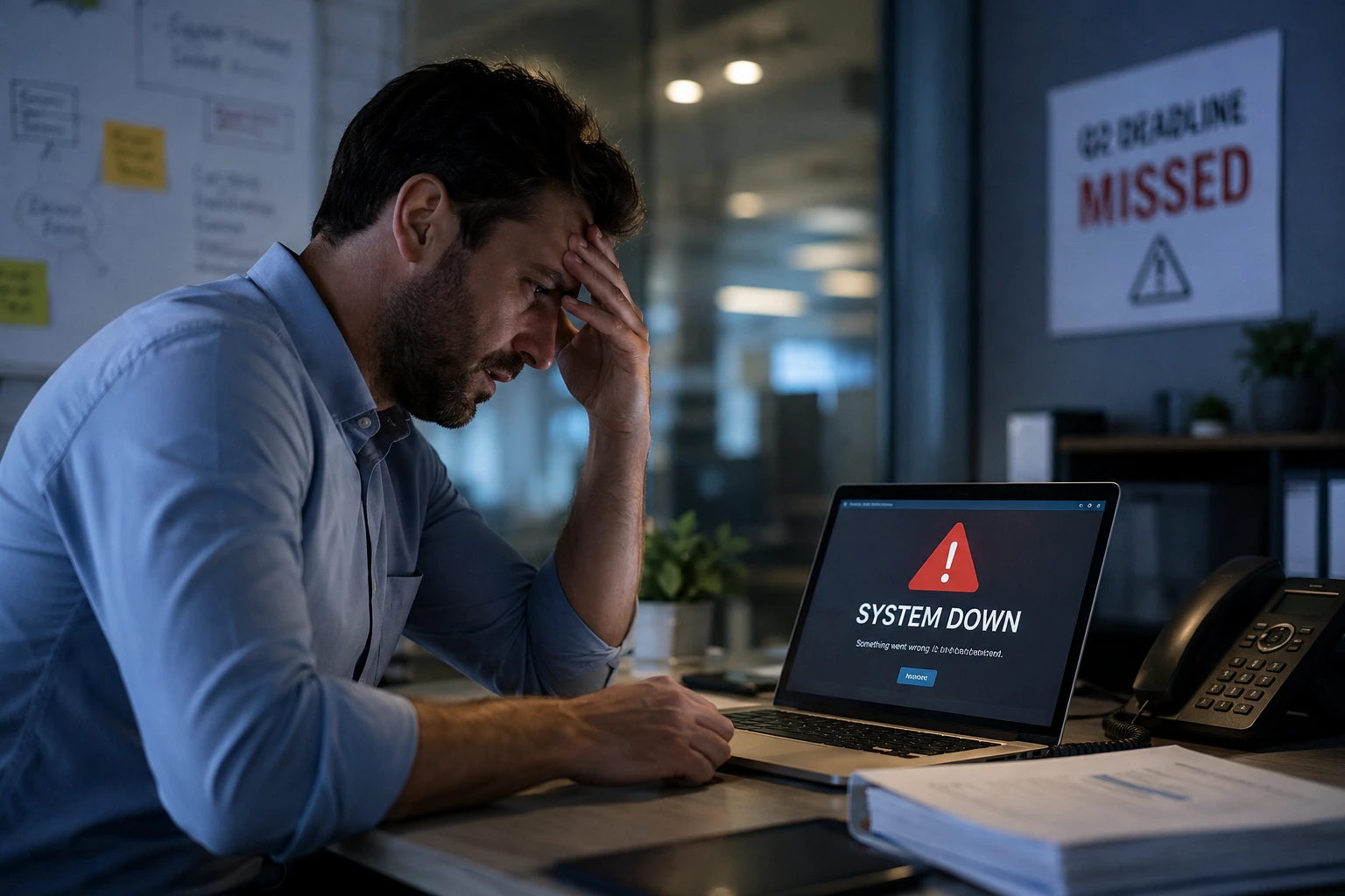 Professional workplace experiencing IT system failure and downtime.