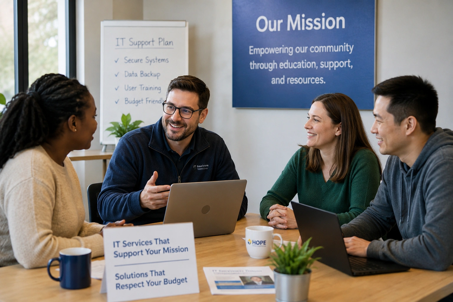 Non-profit staff collaborating on Microsoft 365 with Cloud 9 Internet-managed IT support. 
