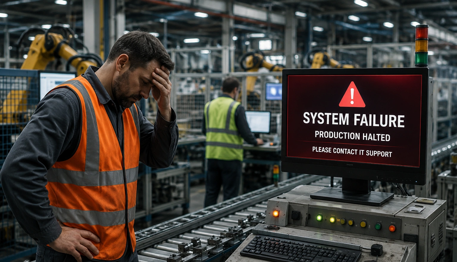 Manufacturing production floor affected by an IT system failure.
