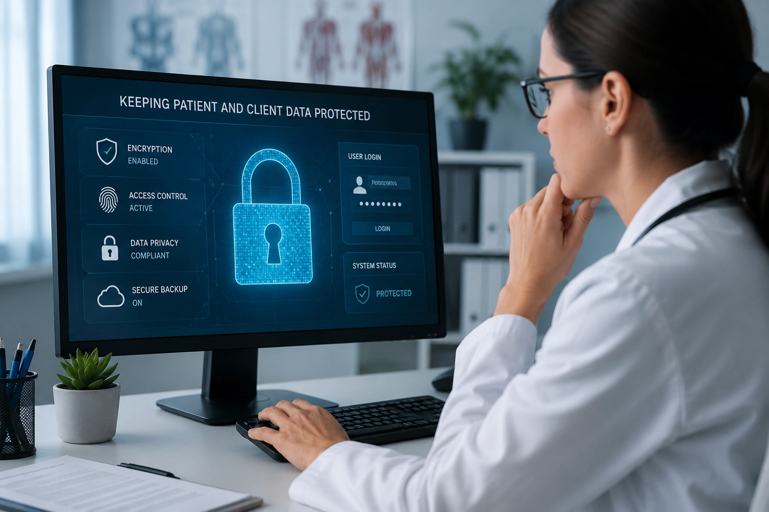 Healthcare professional using a secure computer system to protect patient and client data with cybersecurity measures.