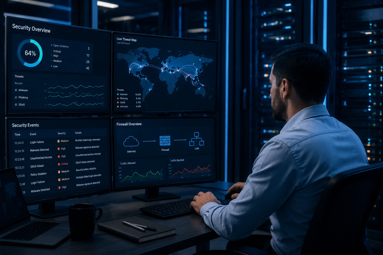 IT security expert actively monitoring and securing a business network to prevent cyber threats and unauthorized access