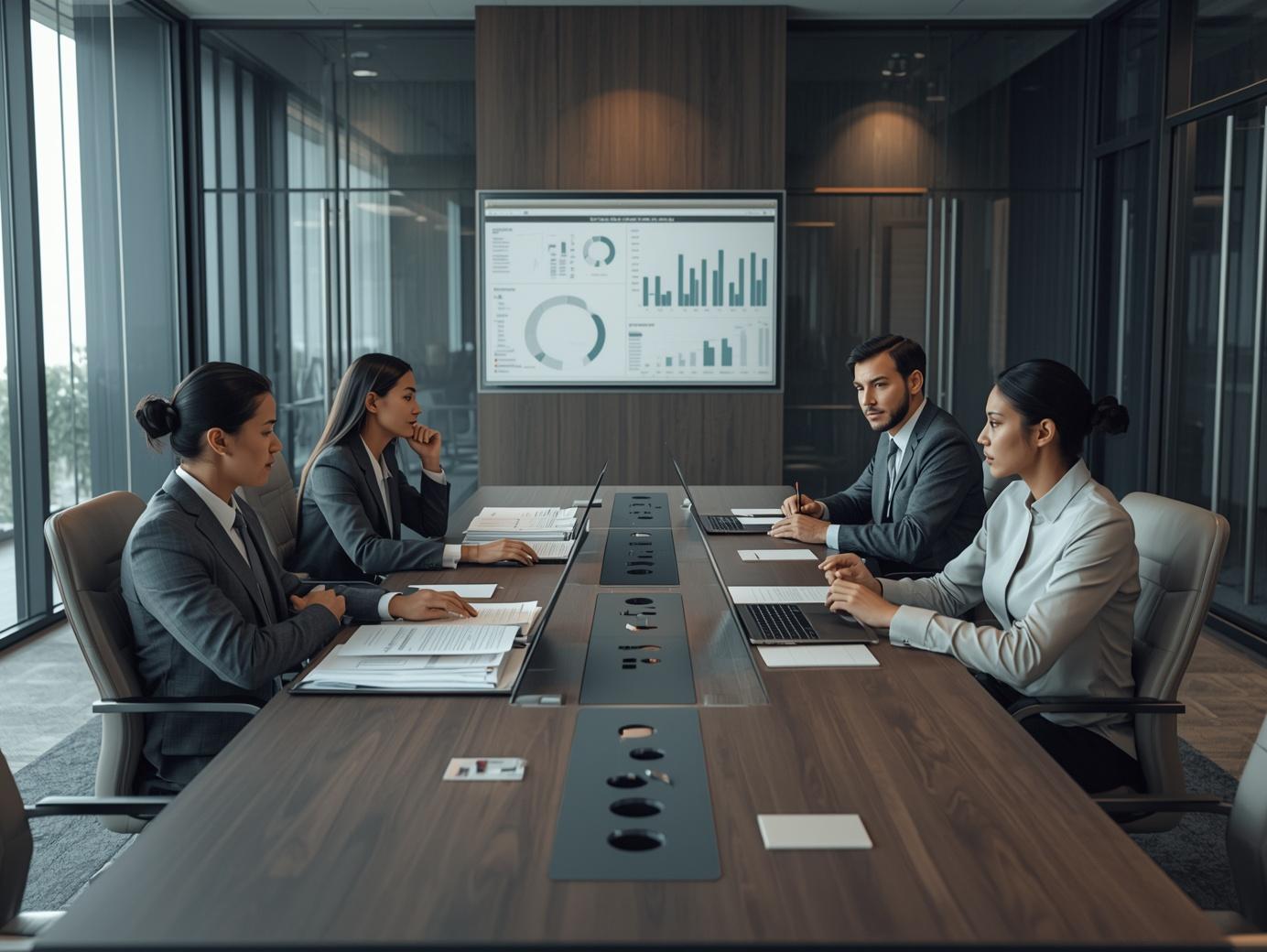 Neutral boardroom with professionals reviewing documents around an overhead conference table.