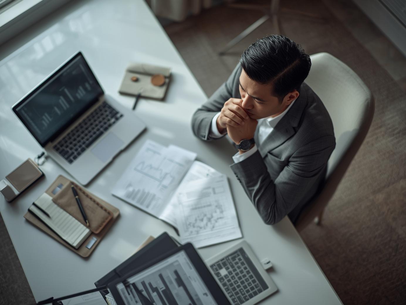 Professional reviewing documents in a neutral, calm workspace.
