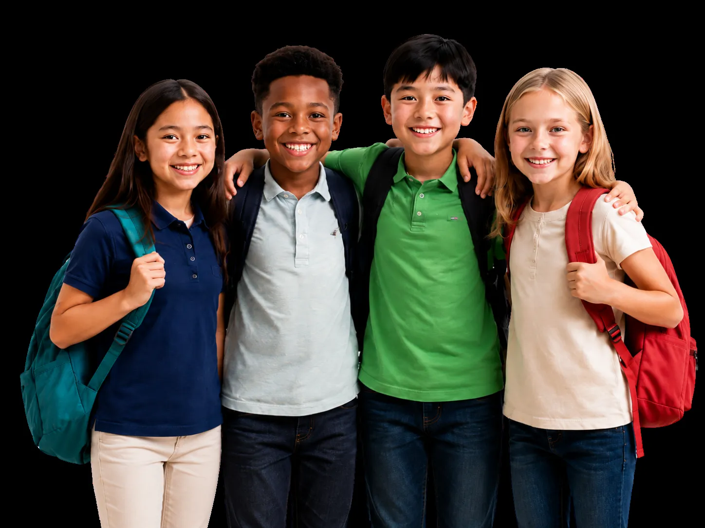 Smiling students standing together with backpacks