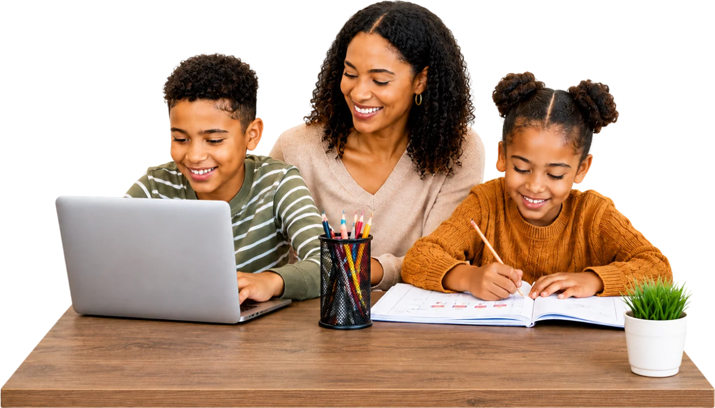 Smiling mother helping two children with schoolwork at a desk