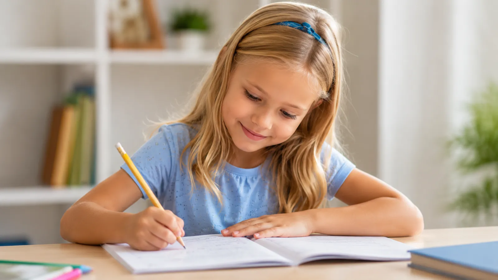 Young student writing in her notebook