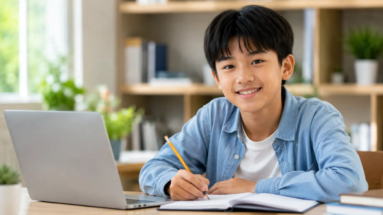 Middle school student studying with a laptop