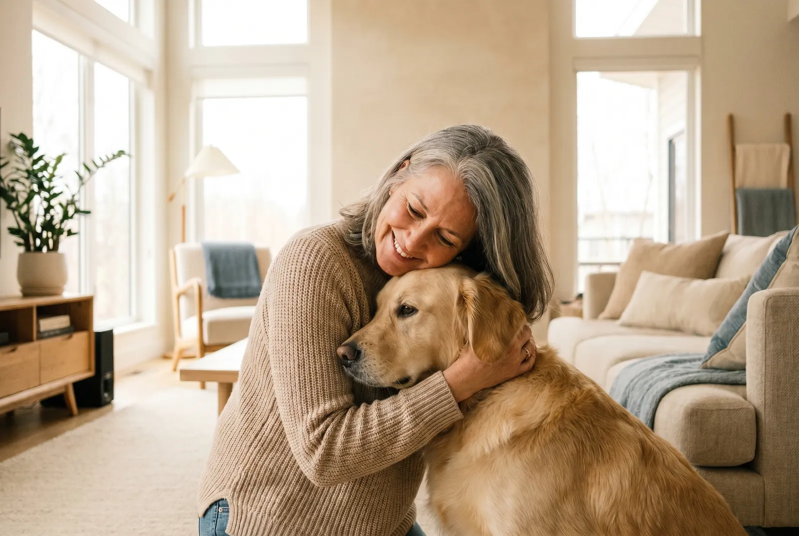 Tutor com seu cão em casa, momento de cuidado
