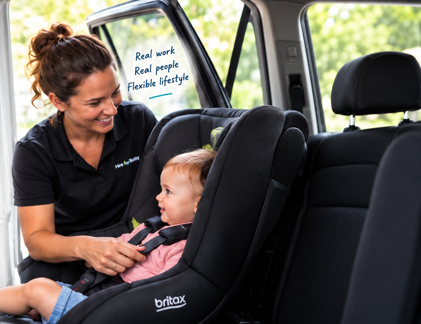 Hero photo — operator fitting child seat, smiling baby
