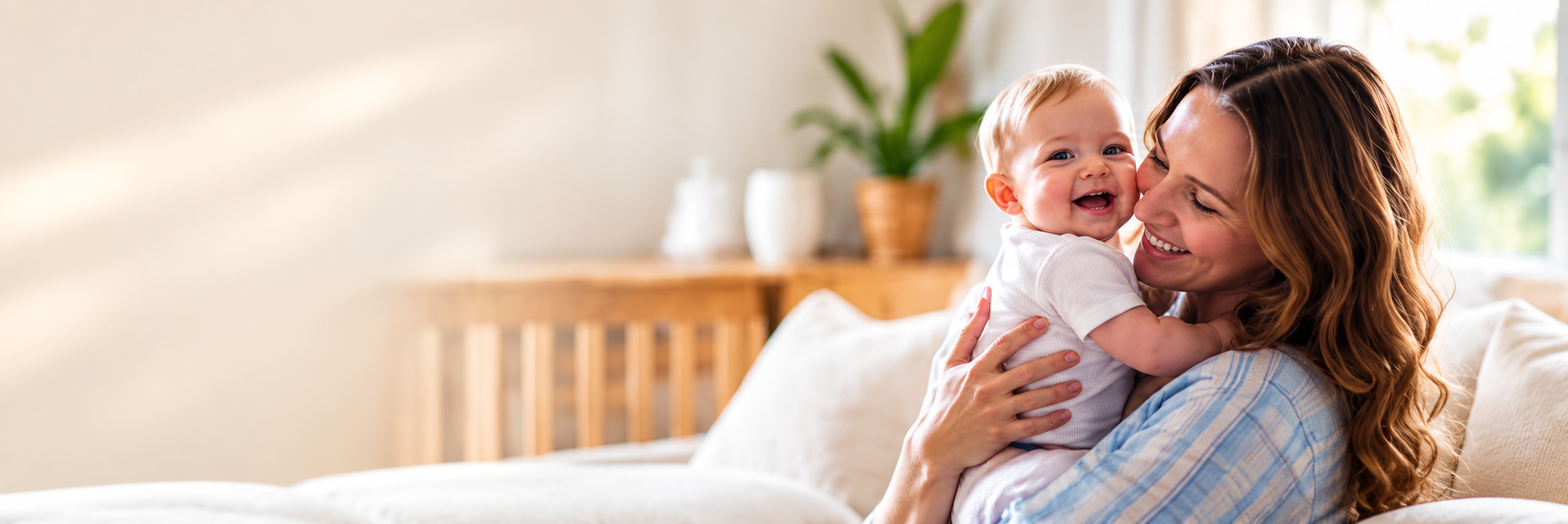 Mum cuddling laughing baby, soft natural light