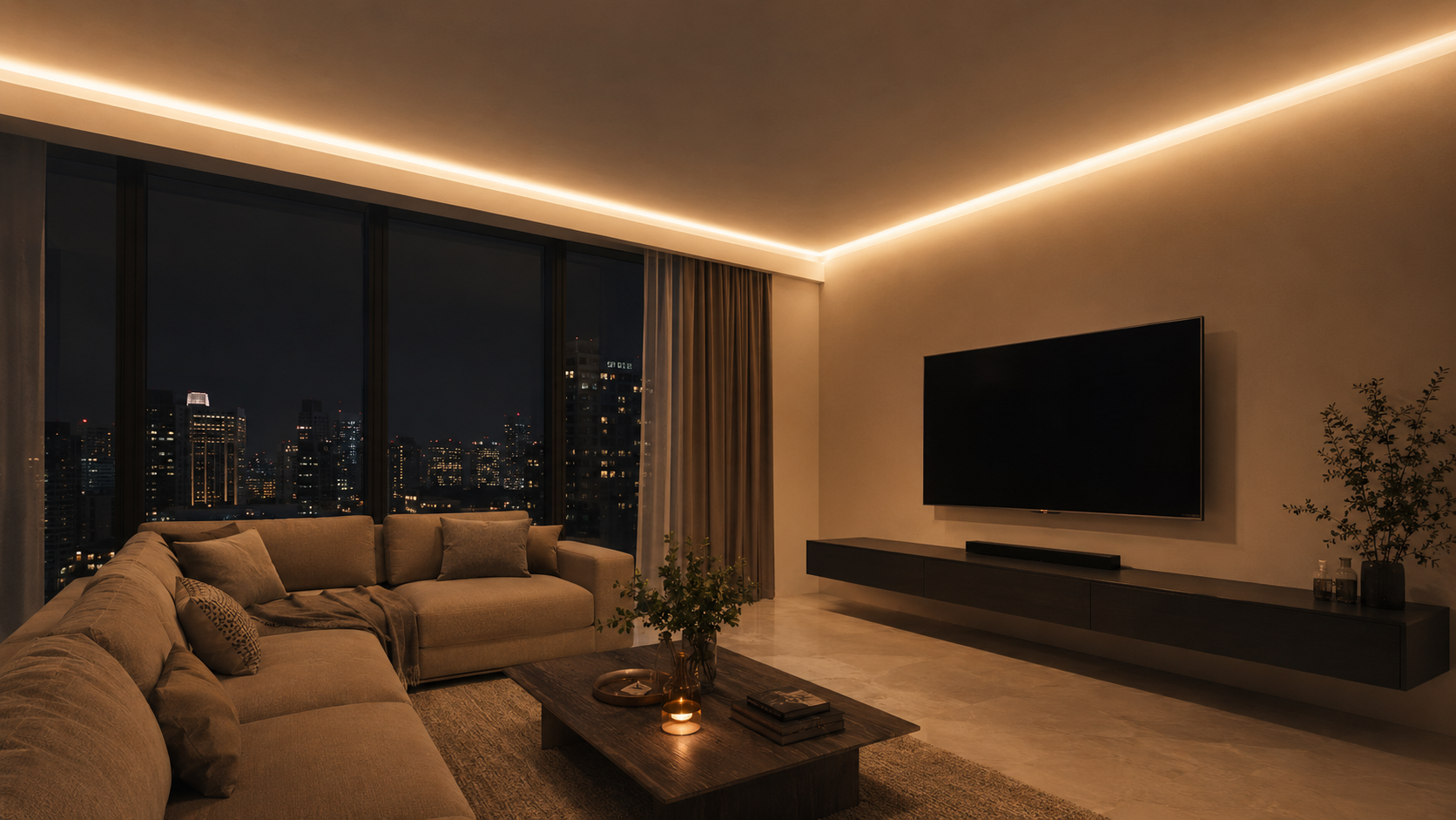 Cosy living room with warm sconces