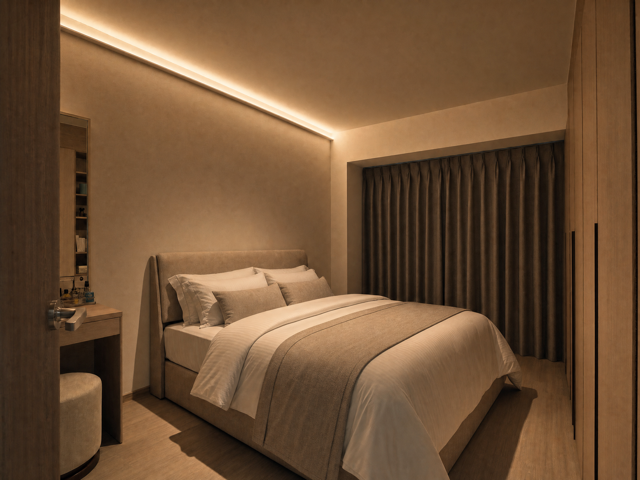 Bedroom bathed in warm cove light