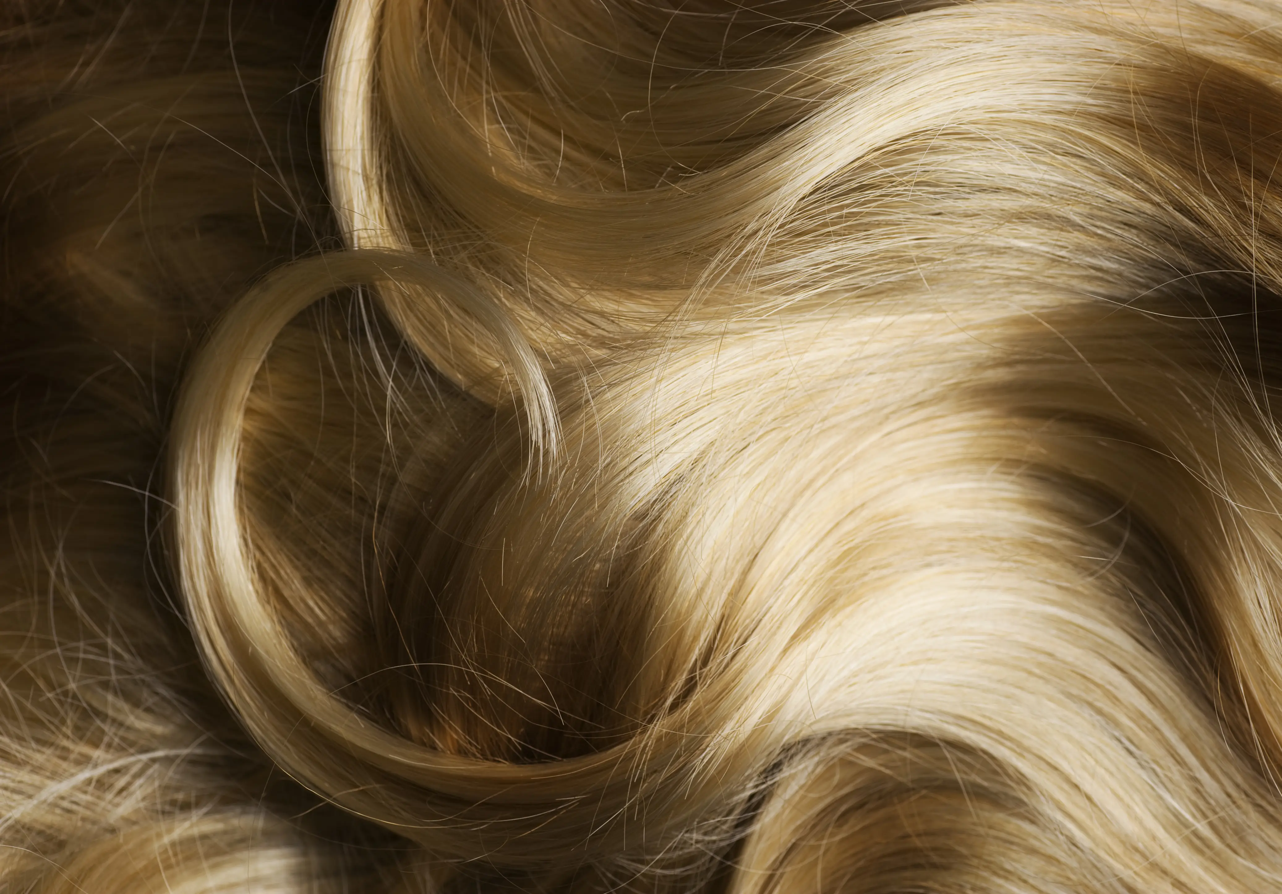 Nahaufnahme von blondiertem Haar mit warmen Goldtönen und glänzender, gesunder Oberfläche
