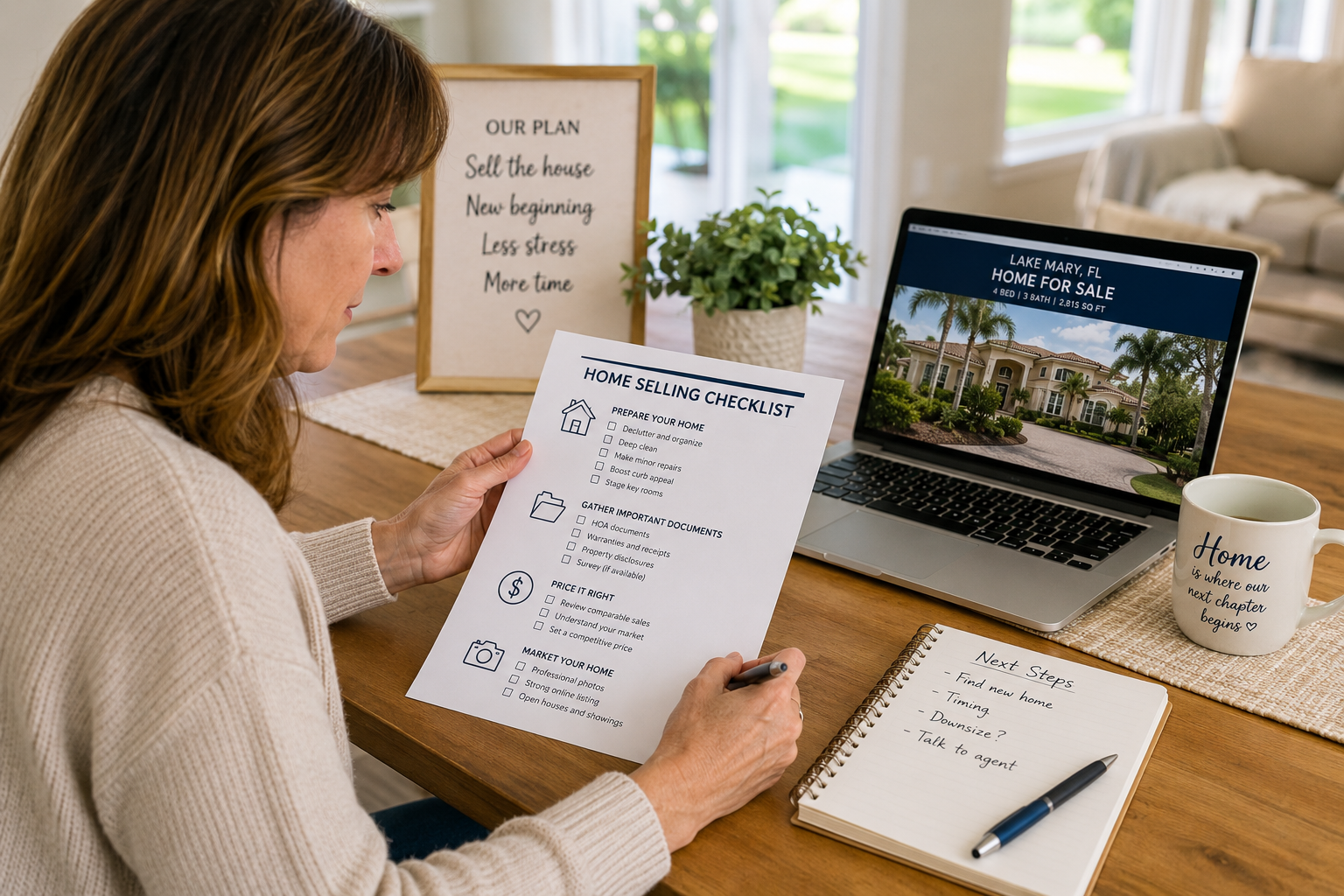 Lake Mary homeowner reviewing a home selling checklist before listing their property