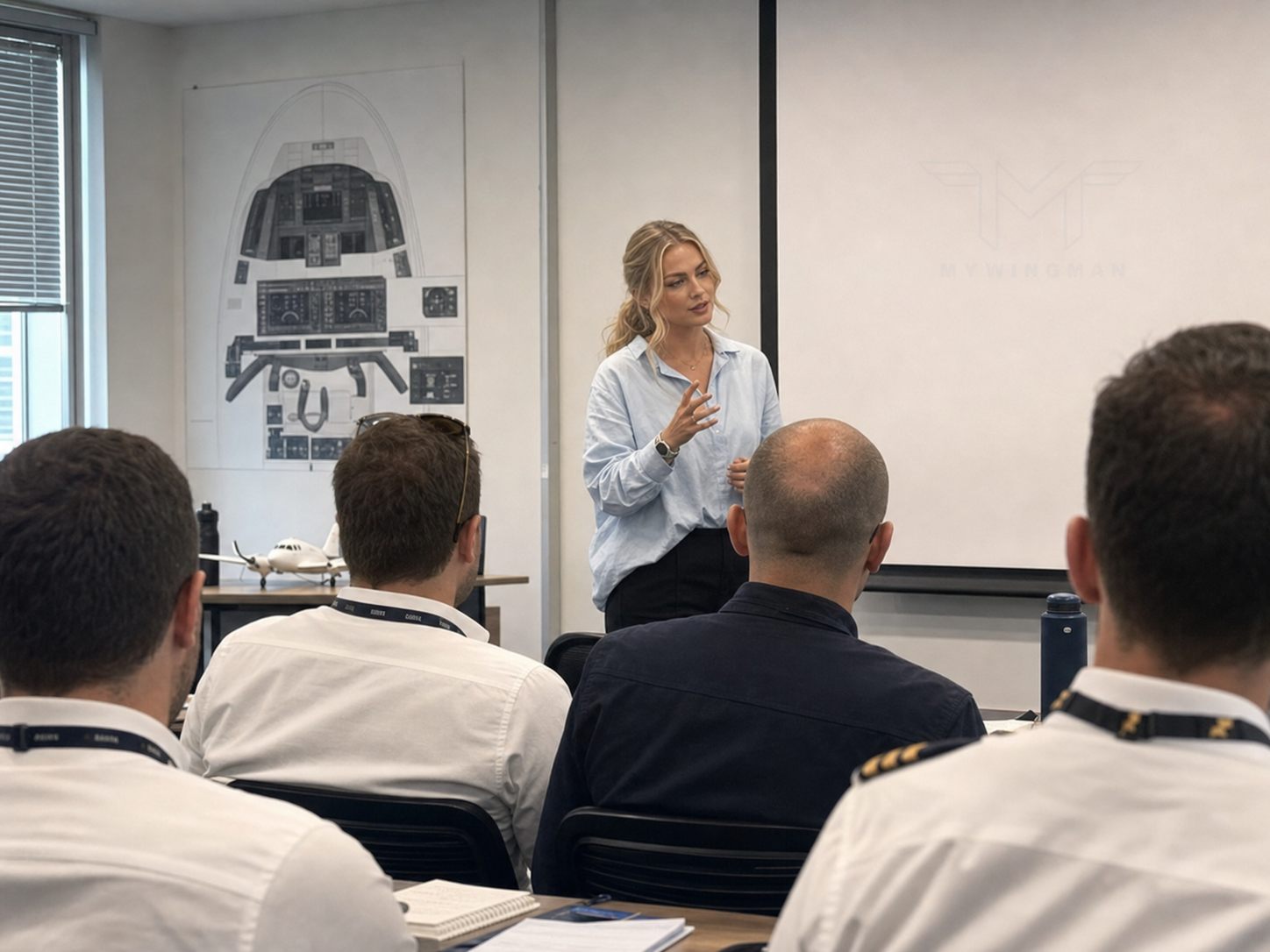 Aleksandra Kapela speaking in an aviation psychology training room