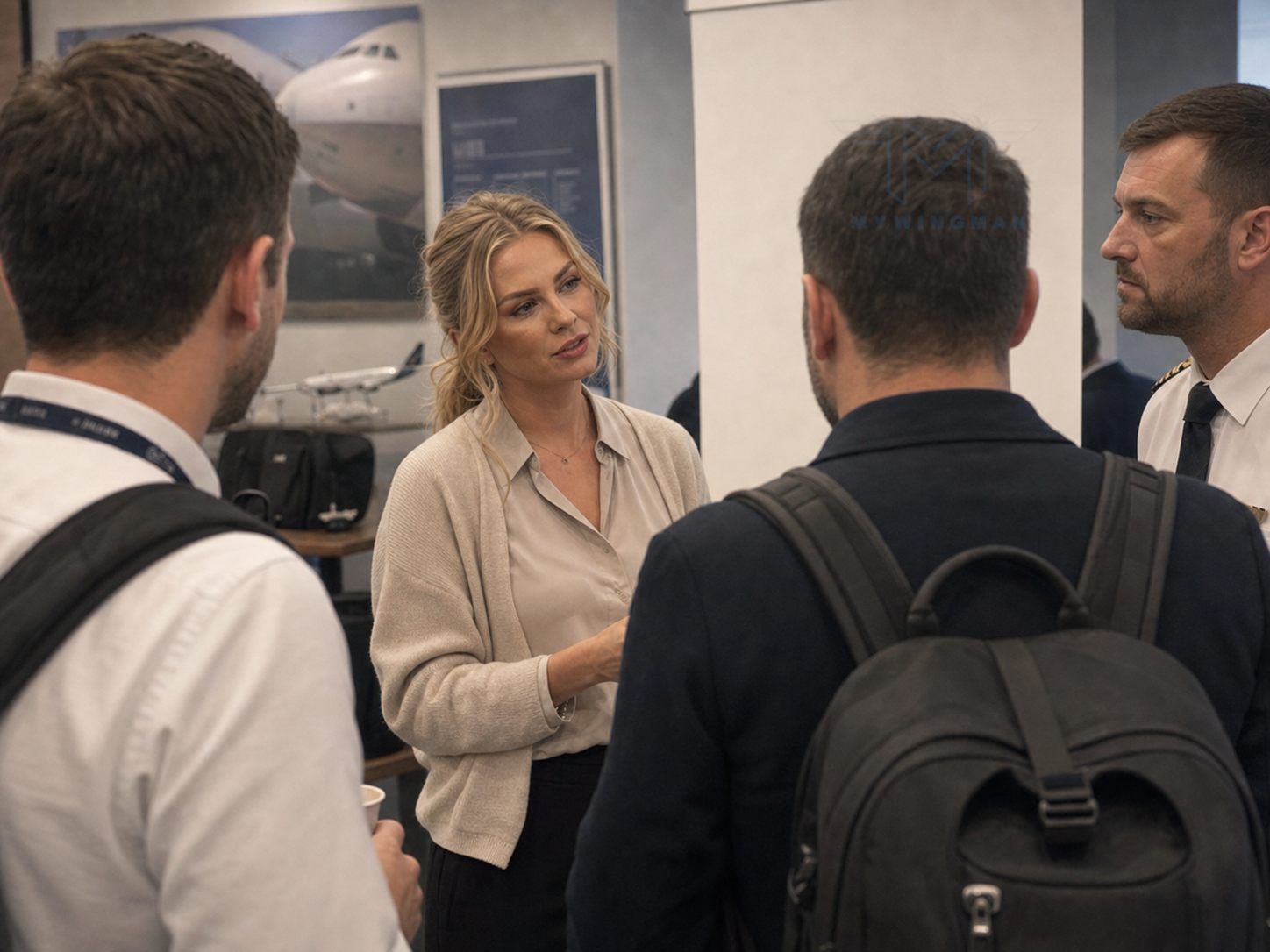 Aleksandra Kapela speaking with aviation professionals after a workshop