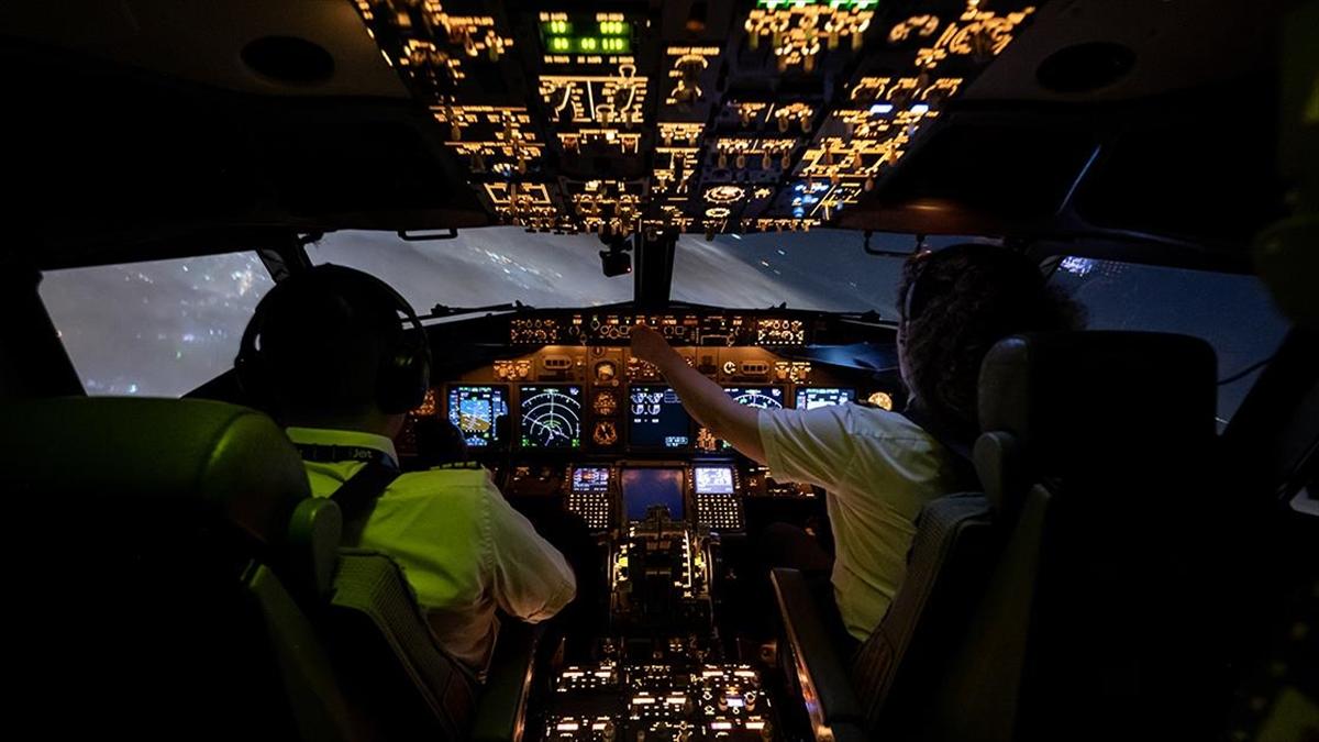 Airline cockpit crew working together in a simulator