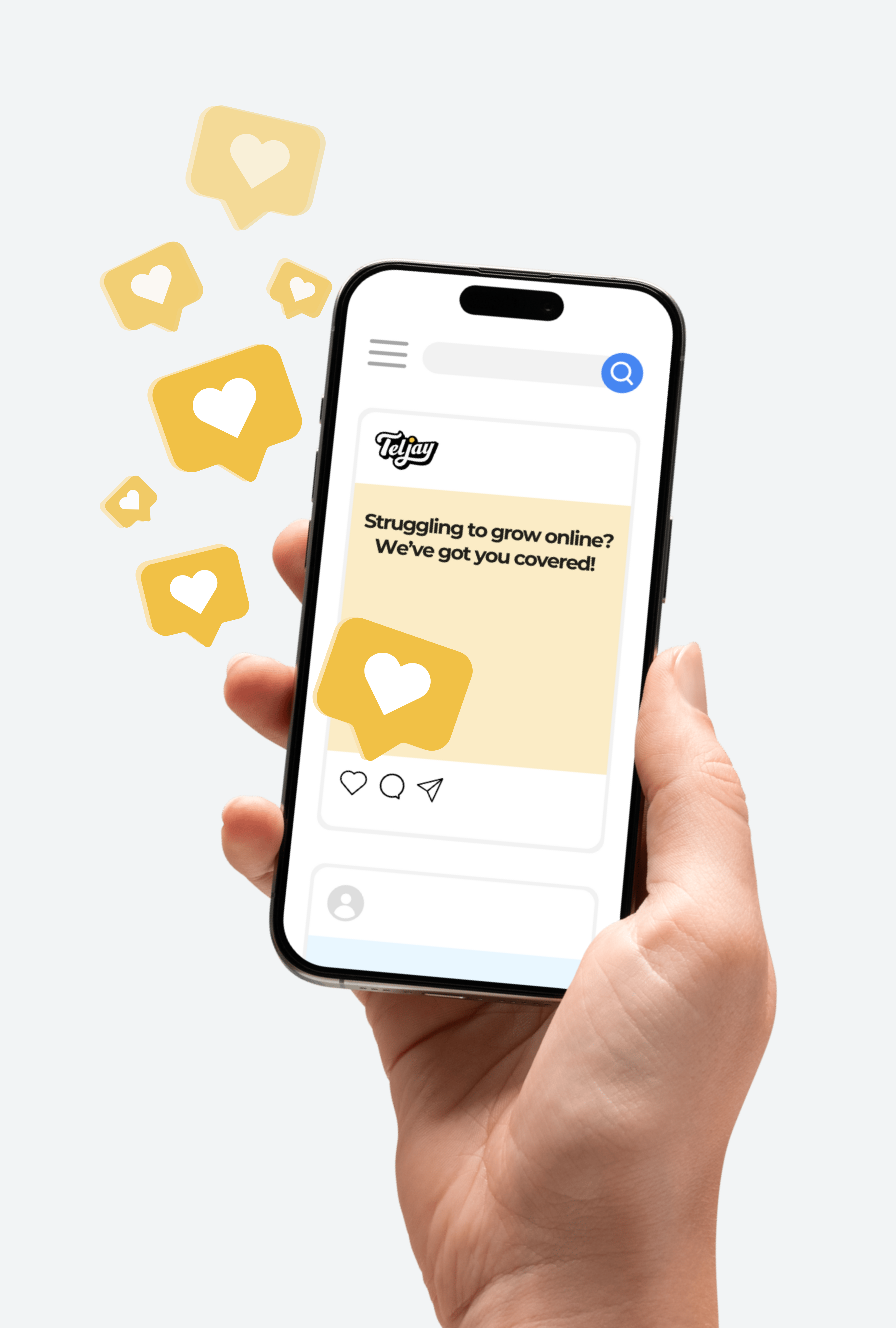 Hand holding smartphone displaying social media engagement icons, promoting digital growth for small businesses.