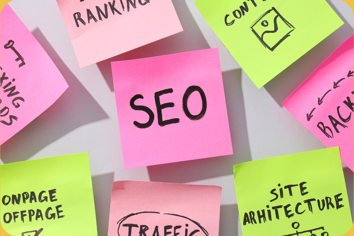 Colourful sticky notes with handwritten SEO terms like “ranking,” “traffic,” and “site architecture,” representing Teljay Marketing’s focus on search engine optimisation strategies.