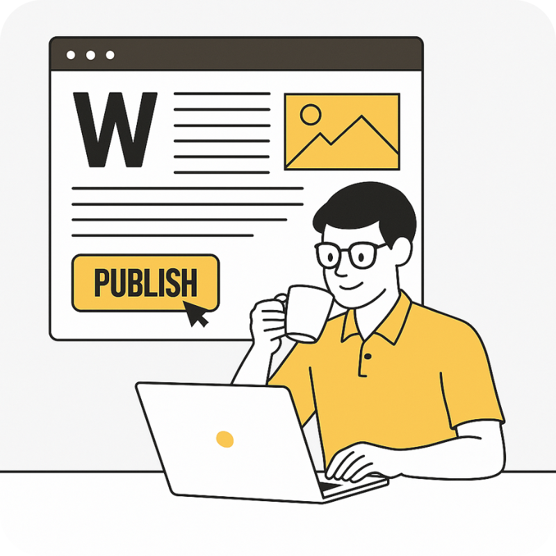 Illustration of a person at a laptop with a website preview and “Publish” button on screen, representing Teljay Marketing’s custom website design and mobile-optimised development services.