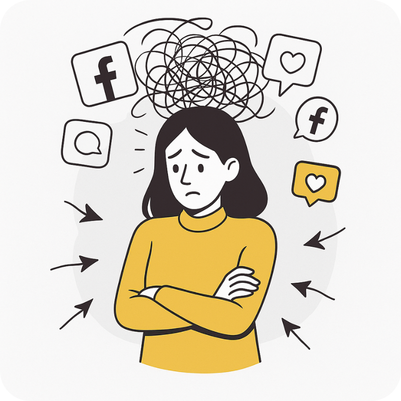 Illustration of a stressed woman surrounded by social media icons, representing the overwhelm of managing content—highlighting Teljay Marketing’s stress-free social media management services.