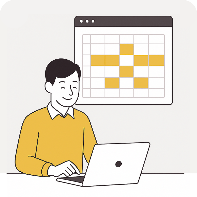Illustration of a person using a laptop with an on-screen calendar, representing Teljay Marketing’s booking system setup and scheduling automation services for small businesses.