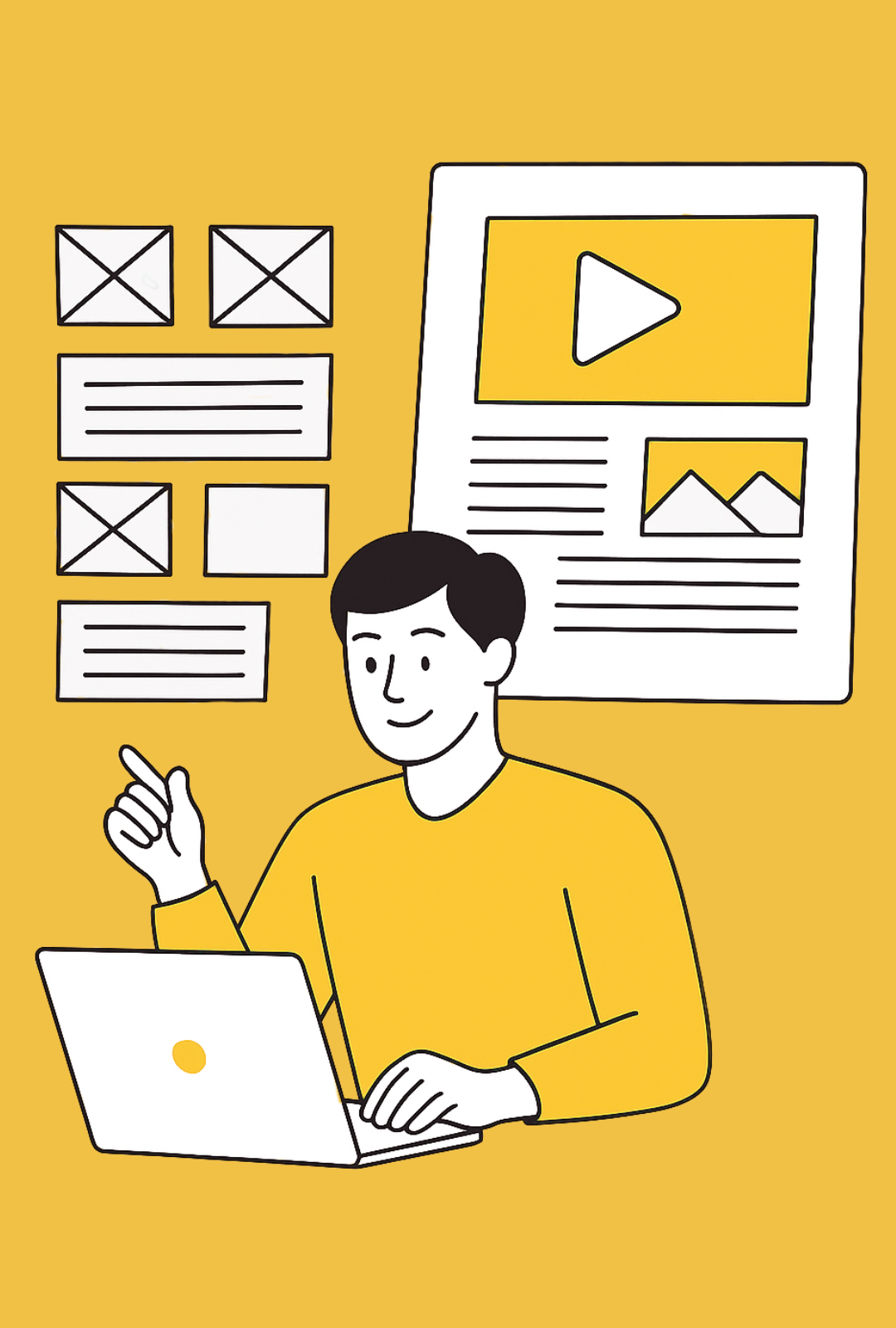 Illustration of a person working on a laptop surrounded by website wireframes and media elements, representing Teljay Marketing’s custom website design services for small businesses.