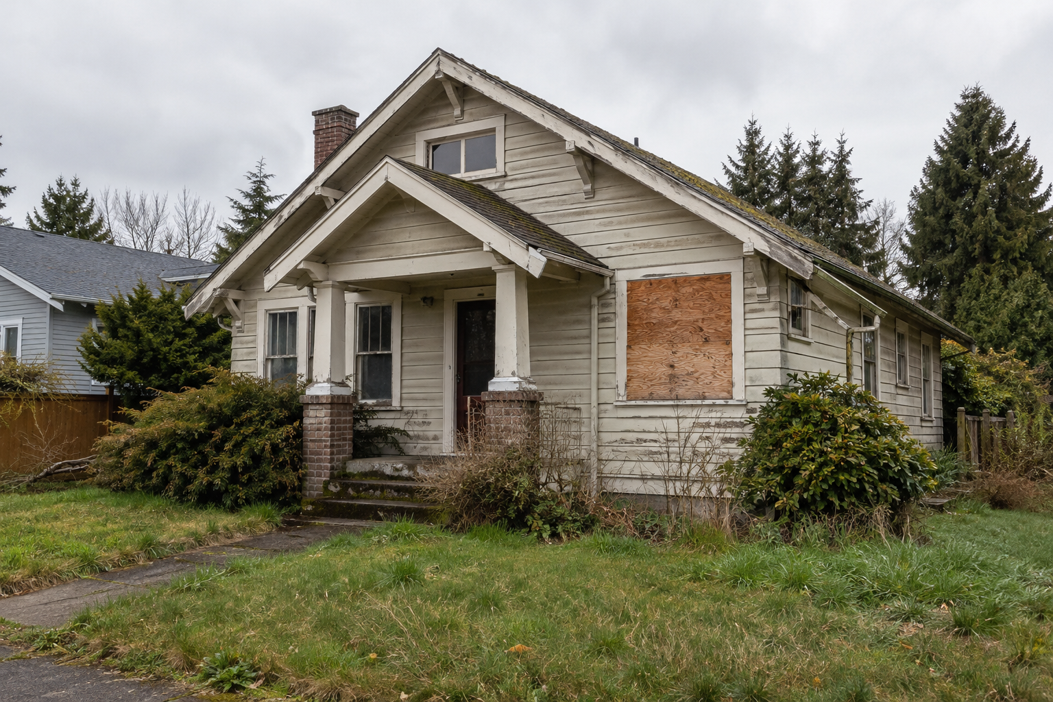 Illustrative view of a house needing repairs, with weathered siding, a boarded window and an overgrown yard