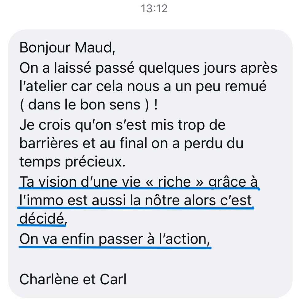 Message de Charlène et Carl après l'atelier