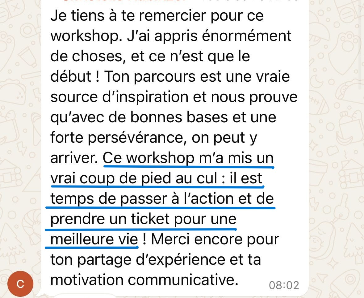 Message de Christelle après le workshop