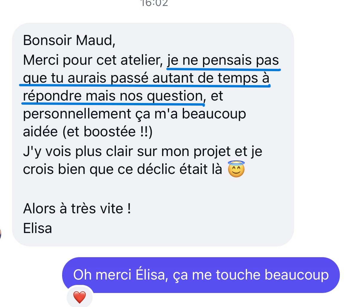 Message d'Elisa après l'atelier