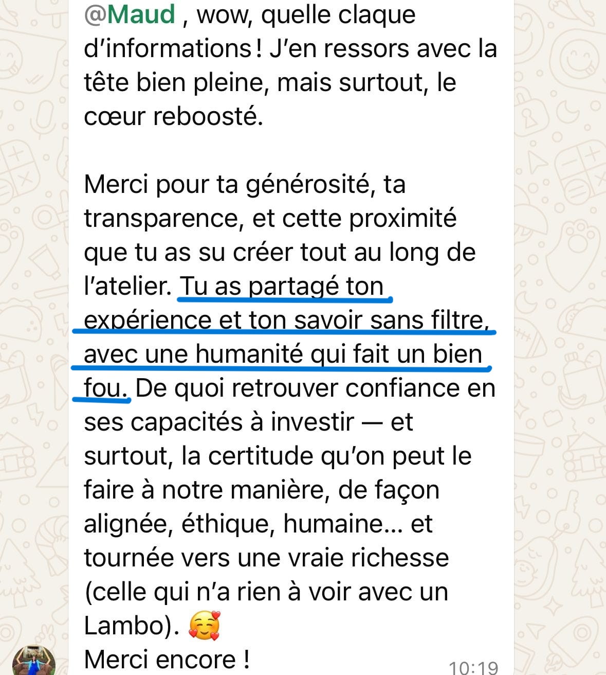 Message d'une participante après l'atelier