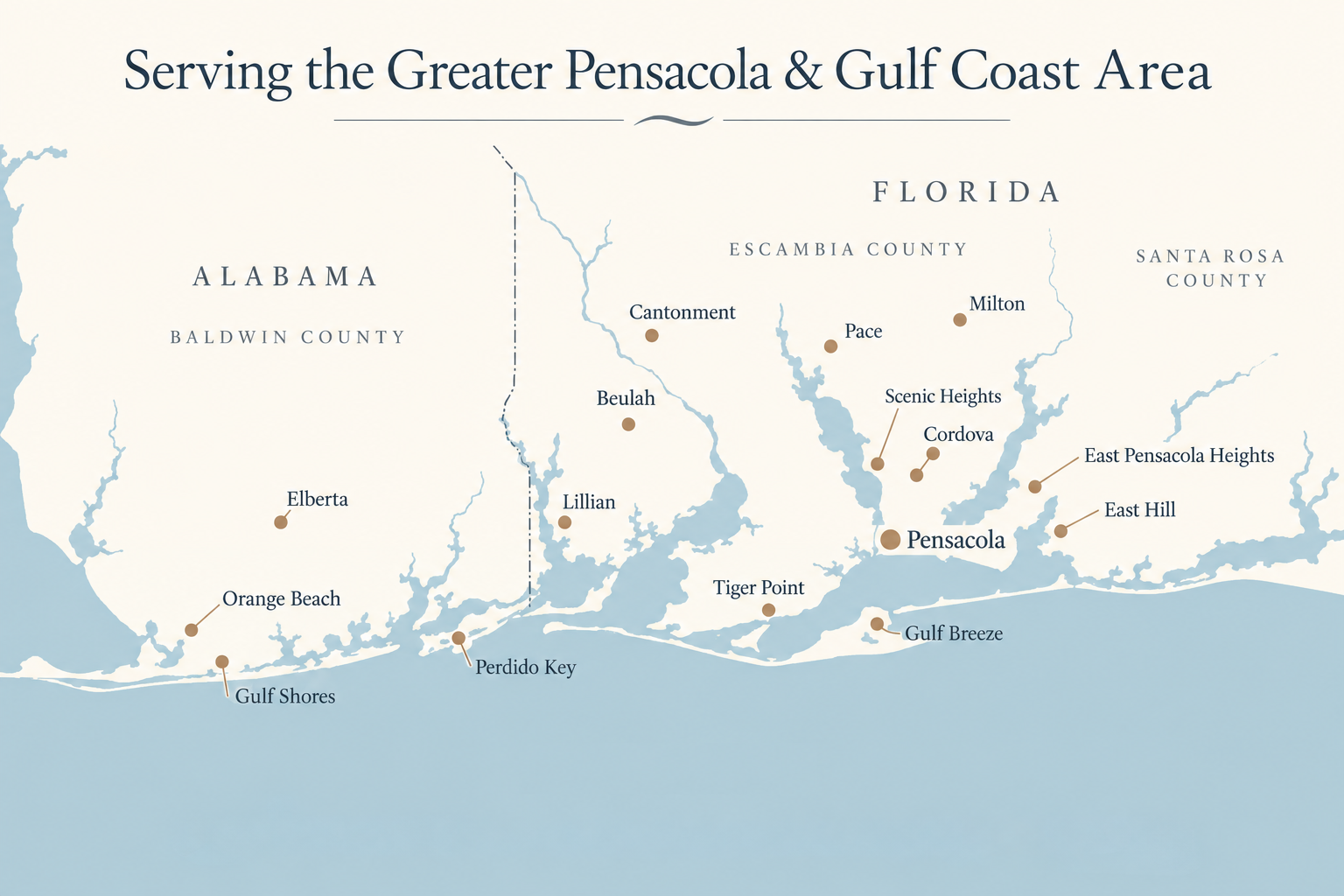 Map of the greater Pensacola and Gulf Coast service area, including Northwest Florida and coastal Alabama