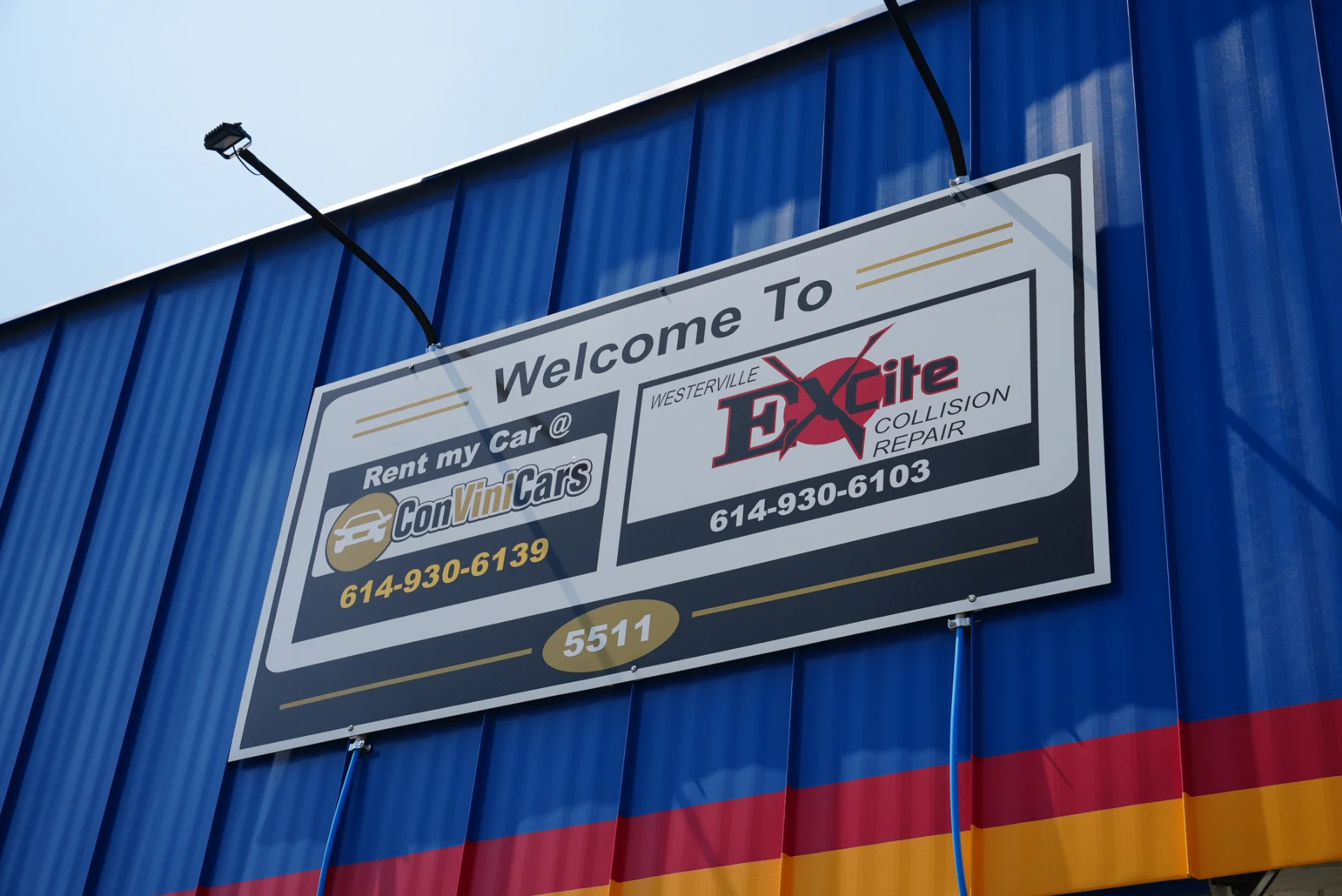 The Excite Collision Repair welcome sign at the Westerville shop