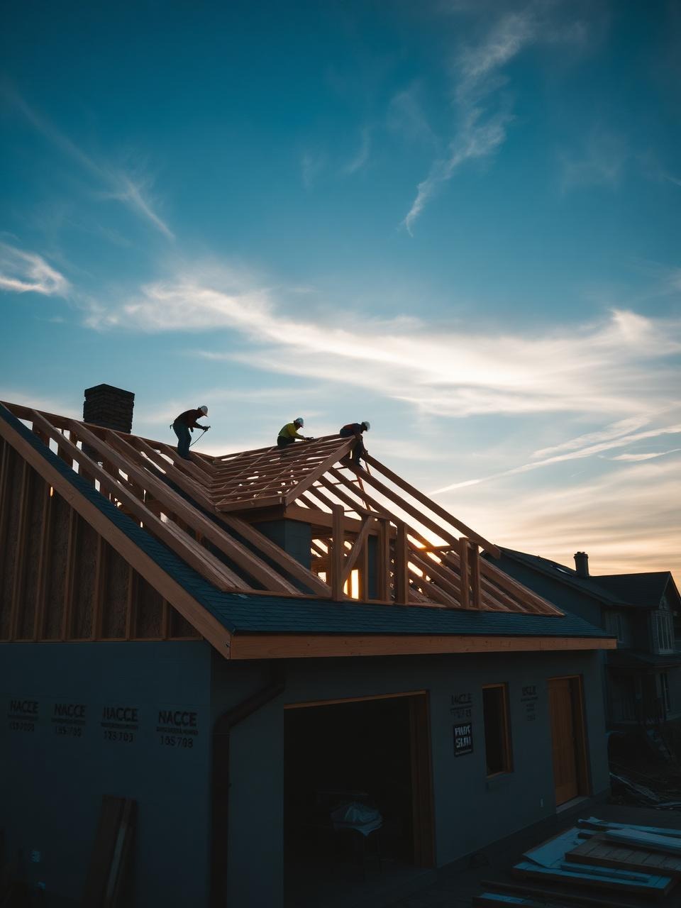 Construction crew framing a residential roof at sunset