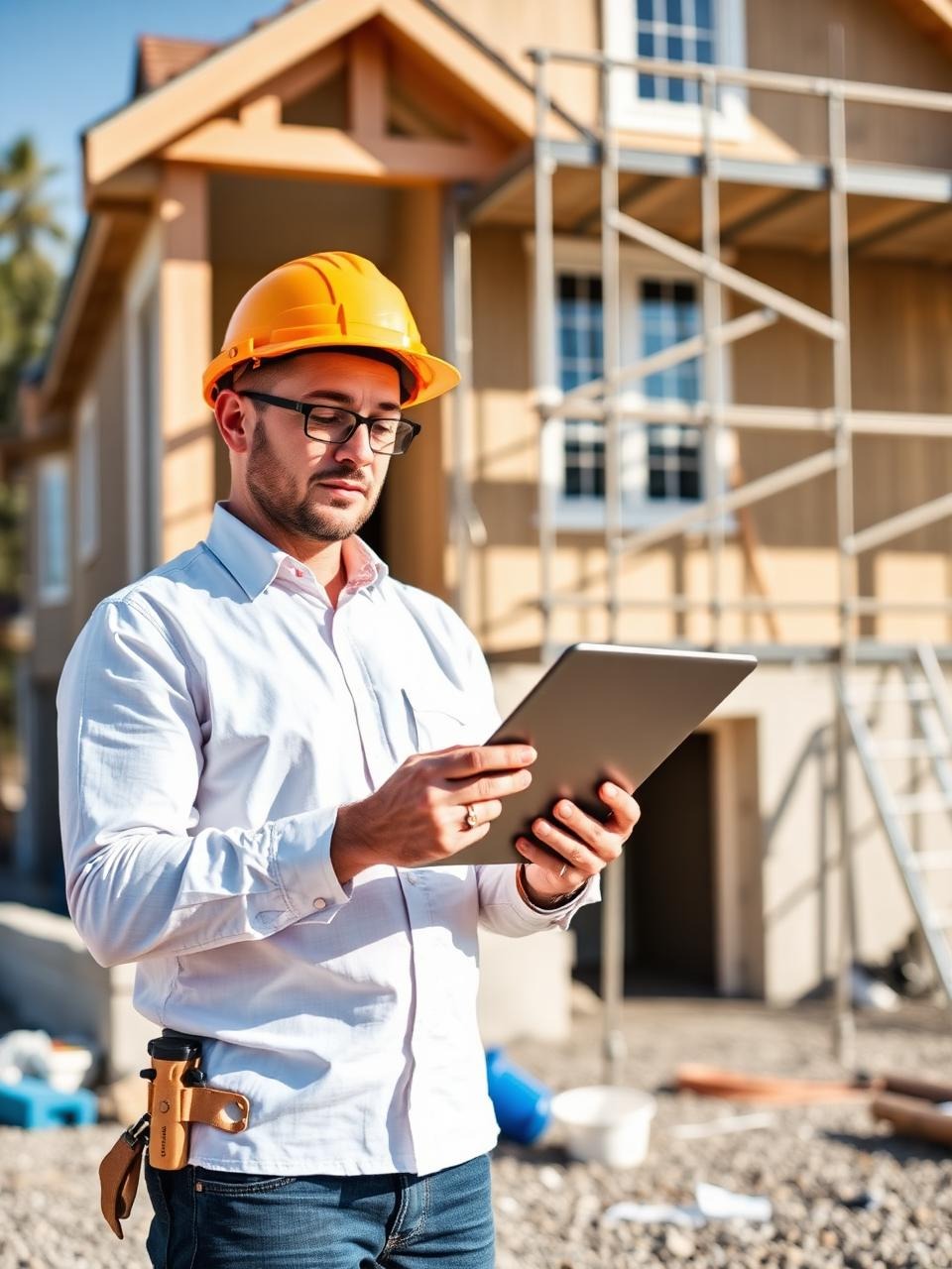 Contractor reviewing blueprints on construction site