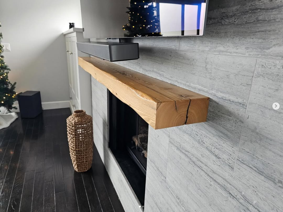 Reclaimed beam fireplace mantel