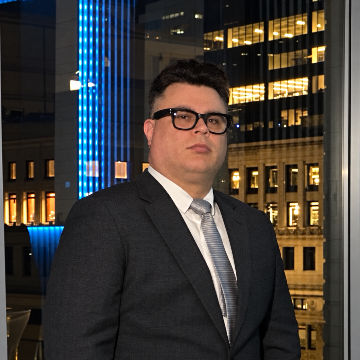 Peter Risko in a suit by his office window with city lights behind him