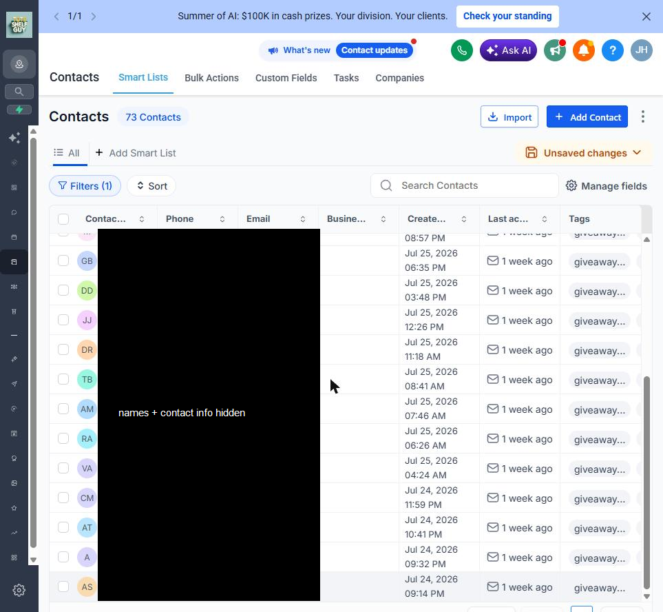 69 giveaway leads in the CRM, contact info hidden