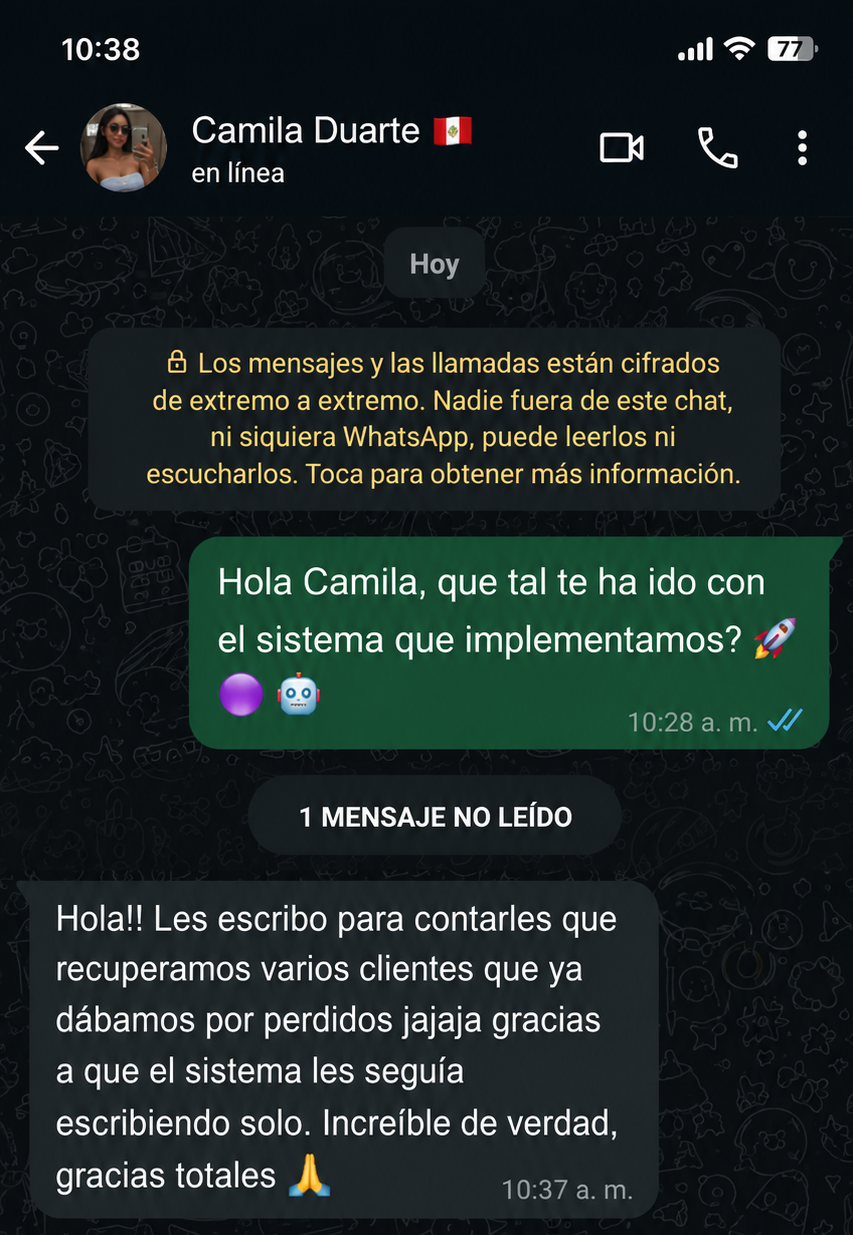 Conversación de WhatsApp con Camila Duarte