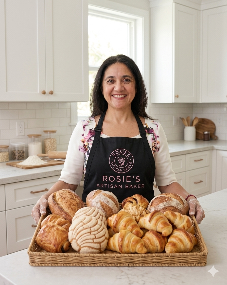 Rosie holding a tray of freshly baked bread