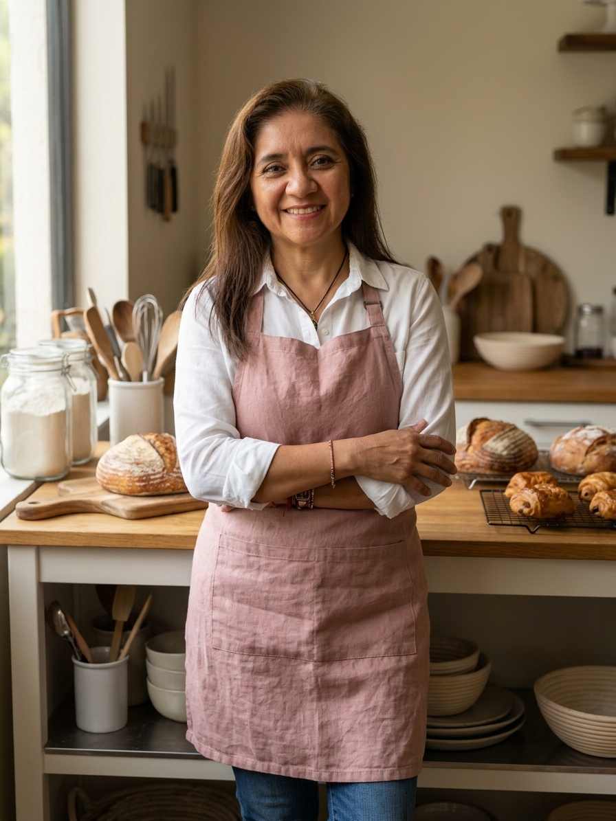 Rosie, founder of Rosie's Artisan Baker, standing in her kitchen surrounded by fresh bread and pastries