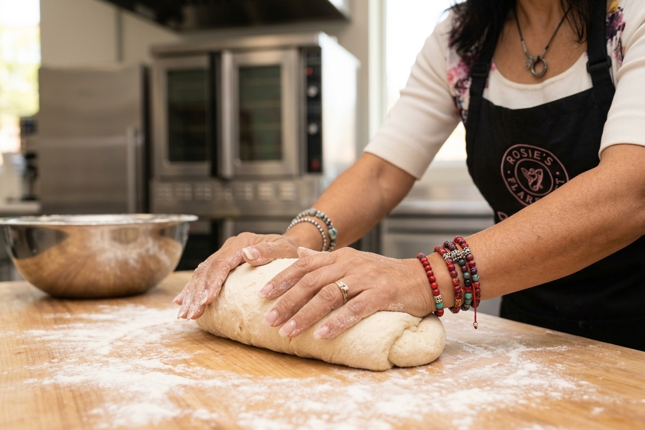 Rosie shaping dough by hand, natural kitchen light