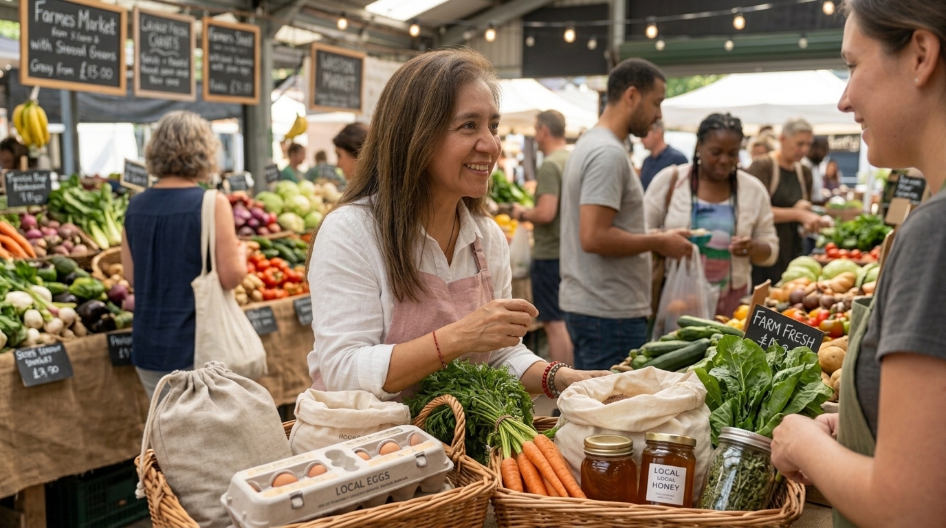 Rosie choosing fresh ingredients at the farmers market