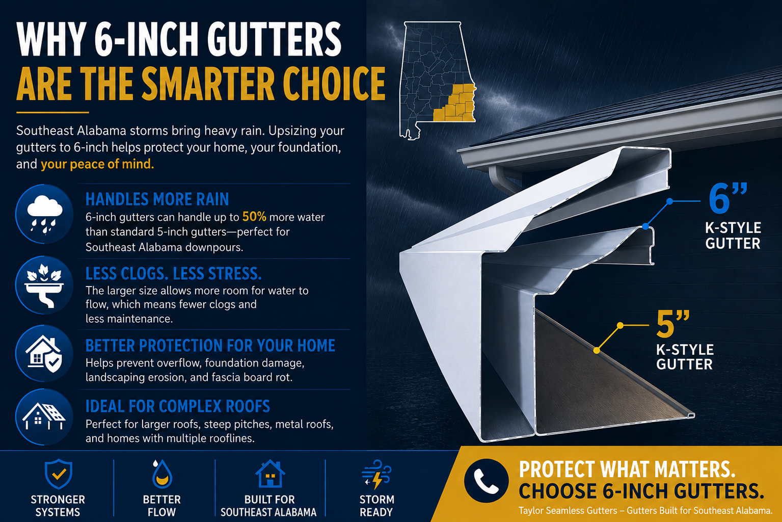 Benefits of 6-inch seamless gutters for homes in Southeast Alabama