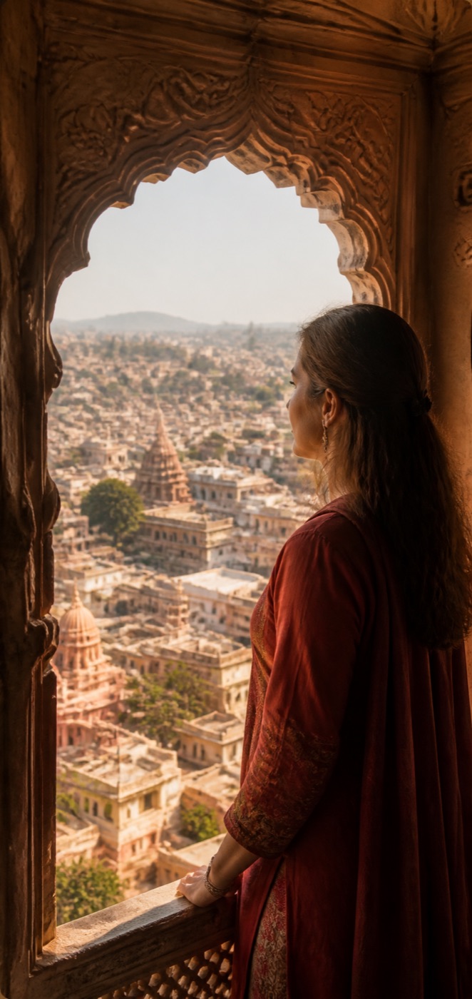 Mujer contemplando una ciudad de India desde una ventana tallada