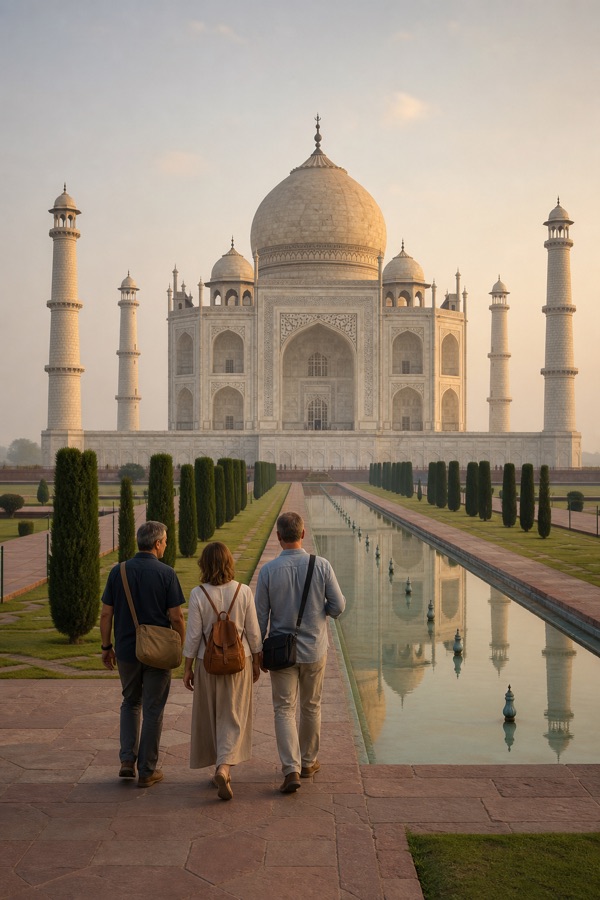 Viajeros contemplando el Taj Mahal al amanecer