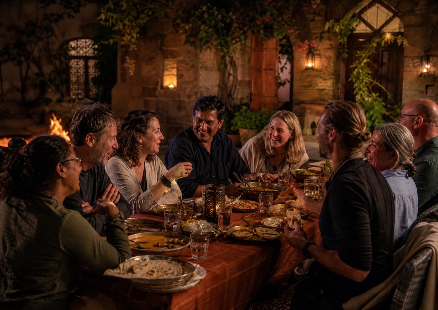 Grupo de viajeros compartiendo una cena en India