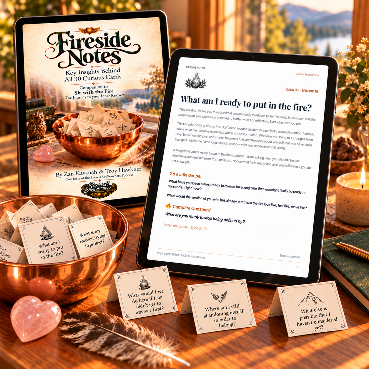 Fireside Notes digital guide on two tablets beside the Sit With the Fire Curious Cards